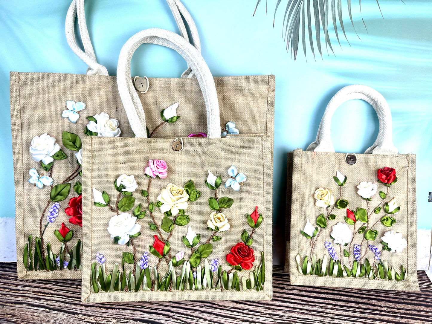 Roses Garden Ribbon Embroidery jute tote bag | Roses Embroidered jute tote bag | Floral laptop bag, Summer tote bag | personalized gifts