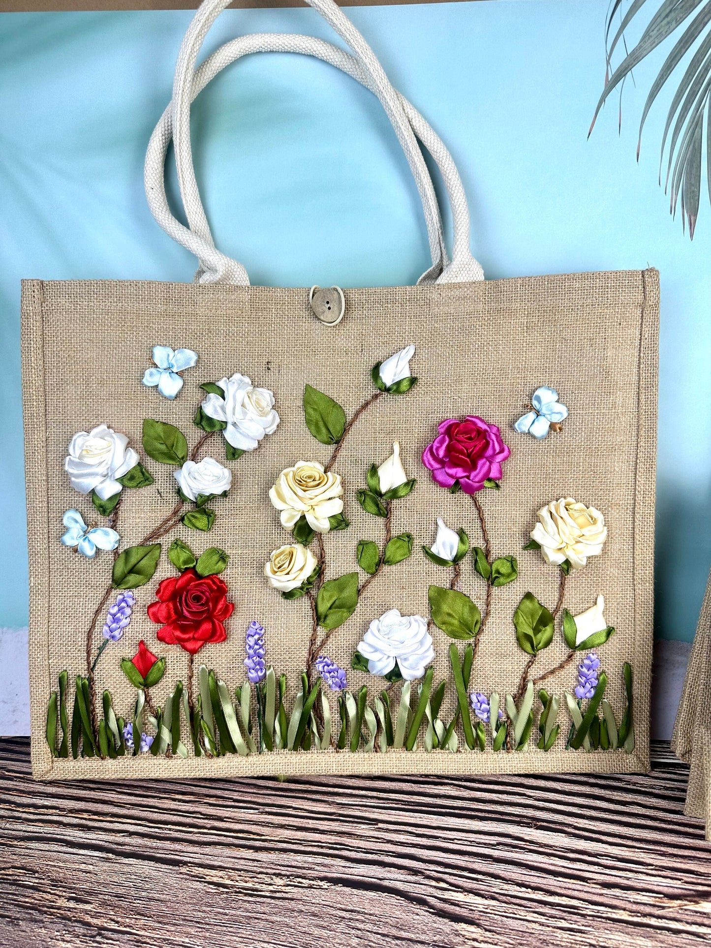 Roses Garden Ribbon Embroidery jute tote bag | Roses Embroidered jute tote bag | Floral laptop bag, Summer tote bag | personalized gifts