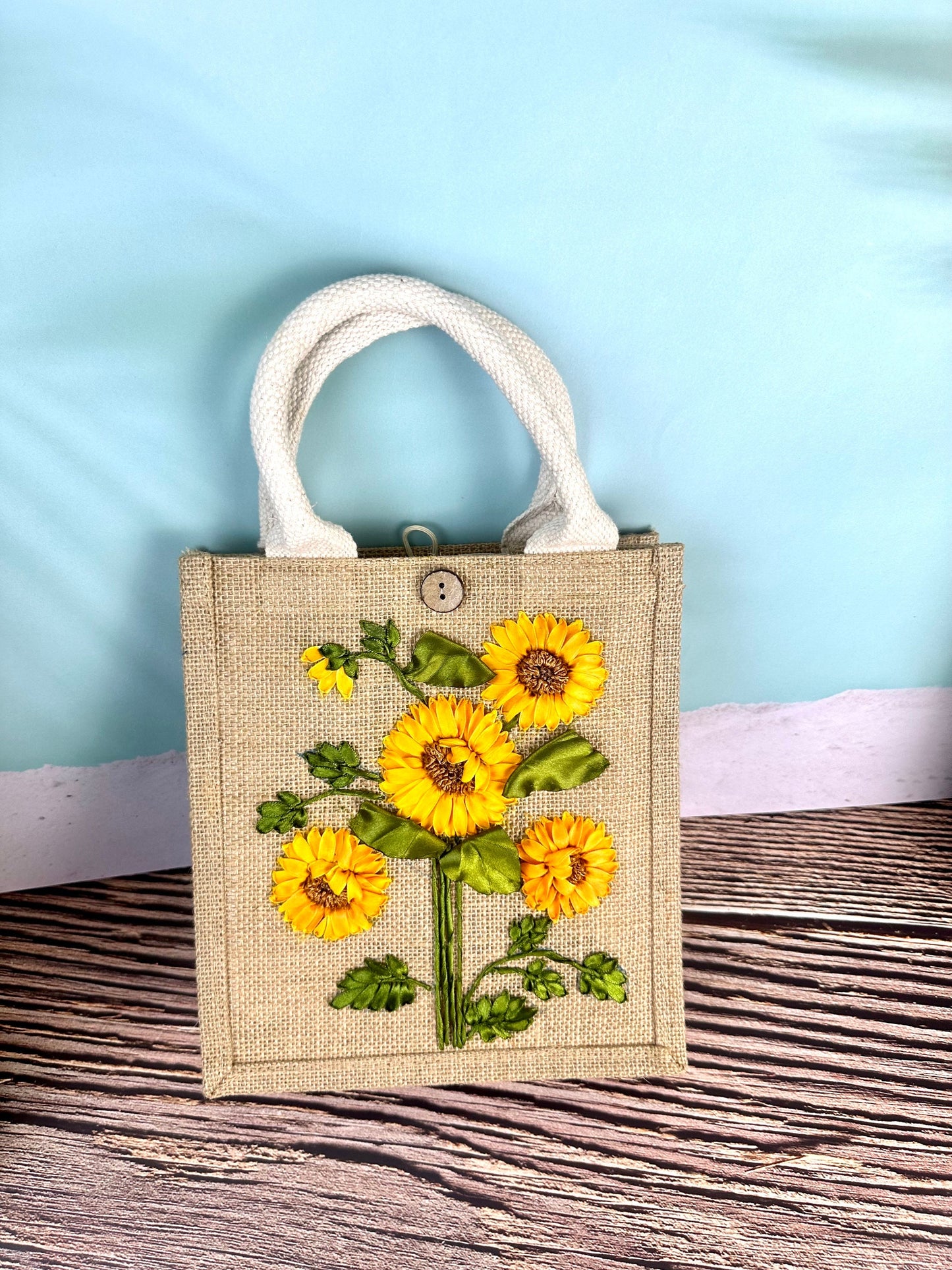 Sunflower Ribbon Embroidery jute tote bag | Roses Embroidered jute tote bag | Floral laptop bag, Summer tote bag | personalized gifts