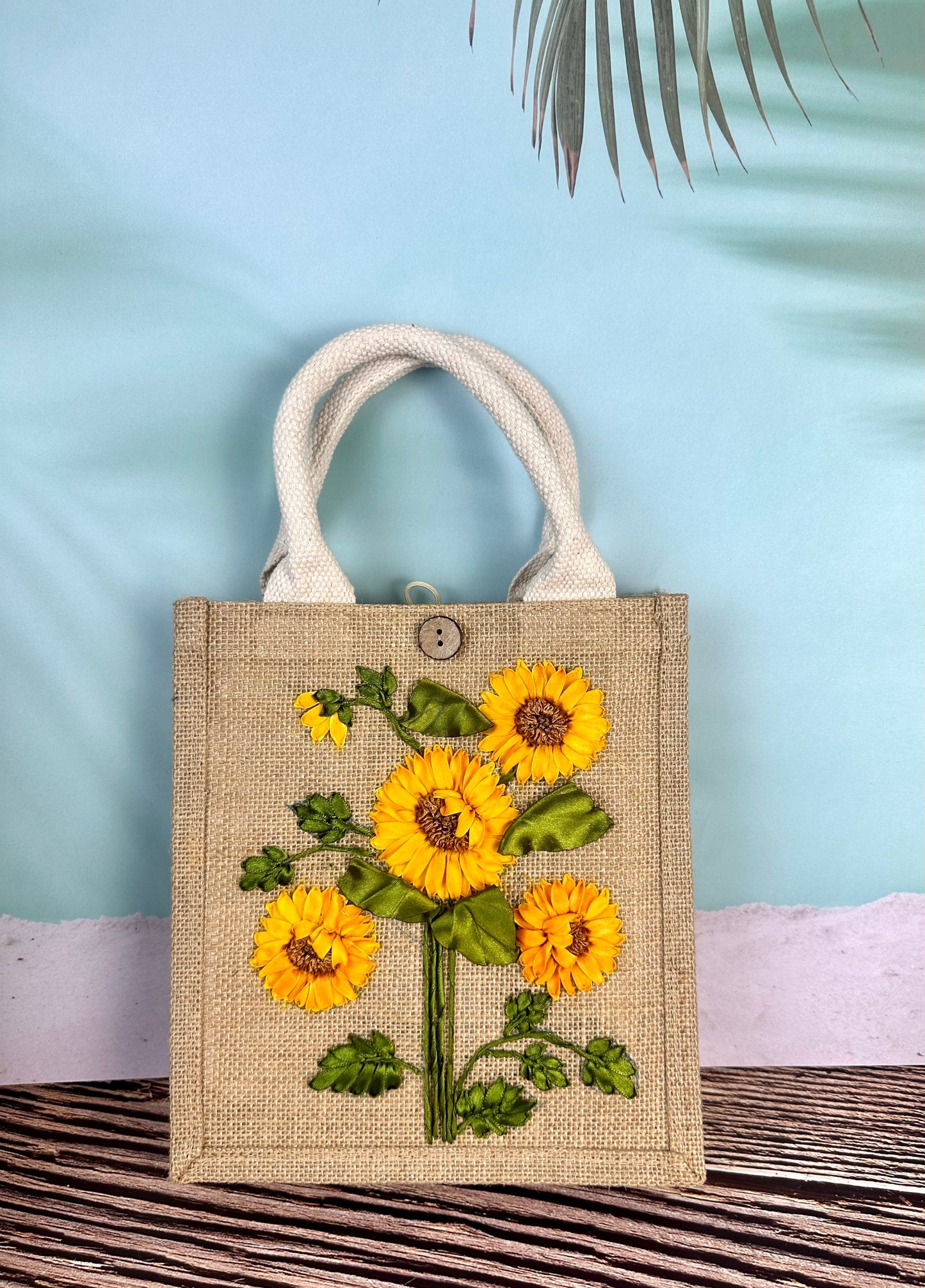 Sunflower Ribbon Embroidery jute tote bag | Roses Embroidered jute tote bag | Floral laptop bag, Summer tote bag | personalized gifts