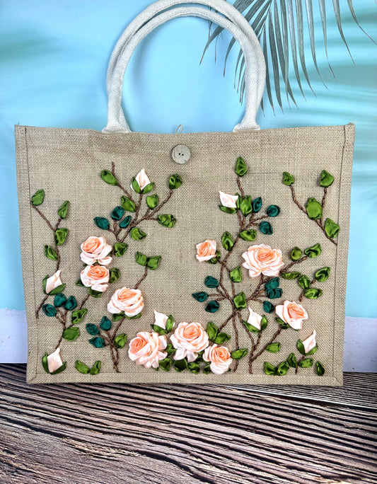 Light pink Roses Ribbon Embroidery jute tote bag | Roses Embroidered jute tote bag | Floral laptop bag, Summer tote bag | set of unique bag