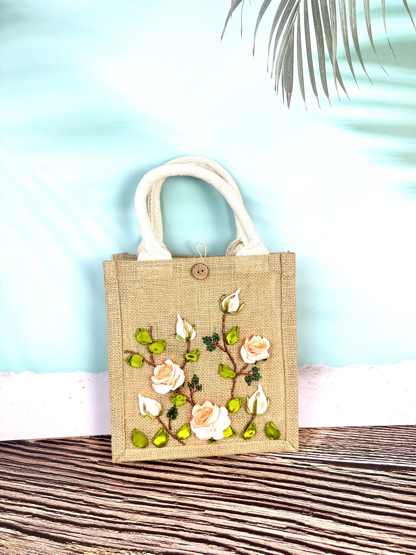 Light pink Roses Ribbon Embroidery jute tote bag | Roses Embroidered jute tote bag | Floral laptop bag, Summer tote bag | set of unique bag