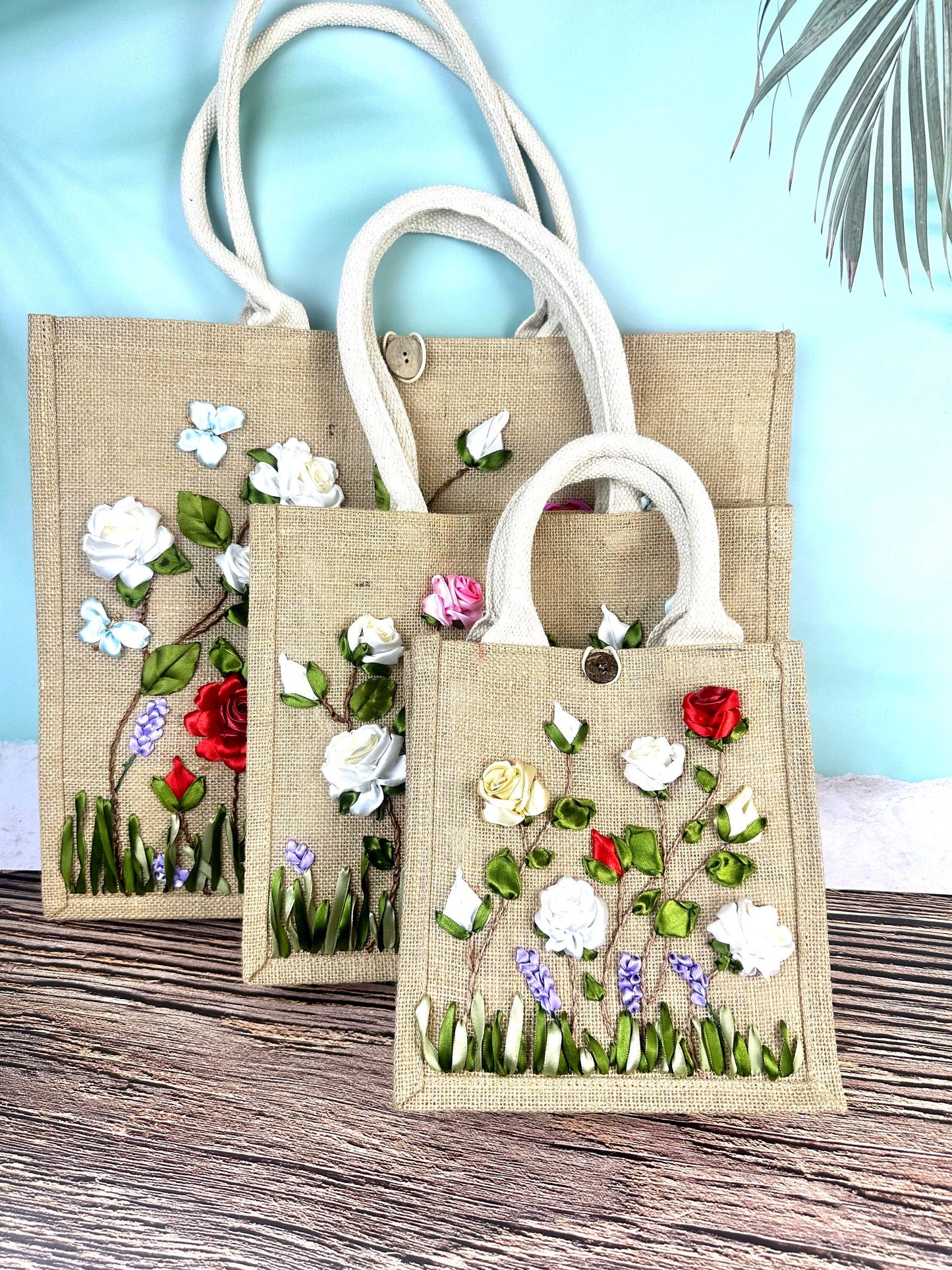 Roses Garden Ribbon Embroidery jute tote bag | Roses Embroidered jute tote bag | Floral laptop bag, Summer tote bag | personalized gifts