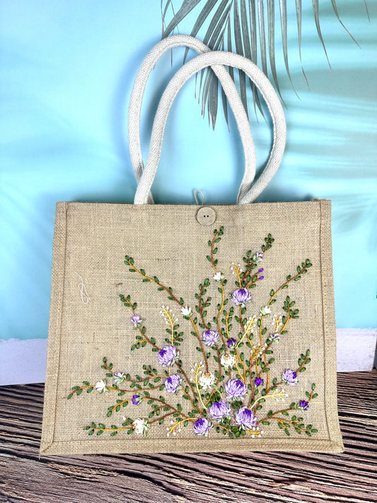 Purple Flower Ribbon Embroidery jute tote bag |  Embroidered jute tote bag | Floral laptop bag, Summer tote bag | personalized gifts