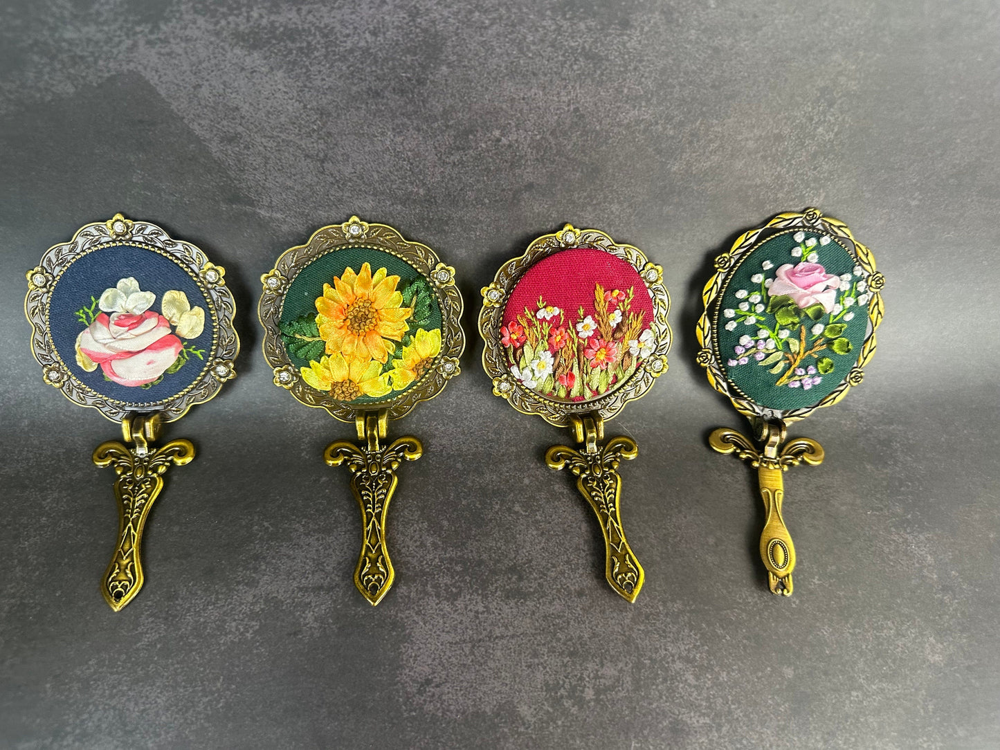 Personalized ribbon embroidery hand mirror |Floral embroidery hand mirror | Beauty accessories | Vintage mirror |Gift for her, Sunflowers