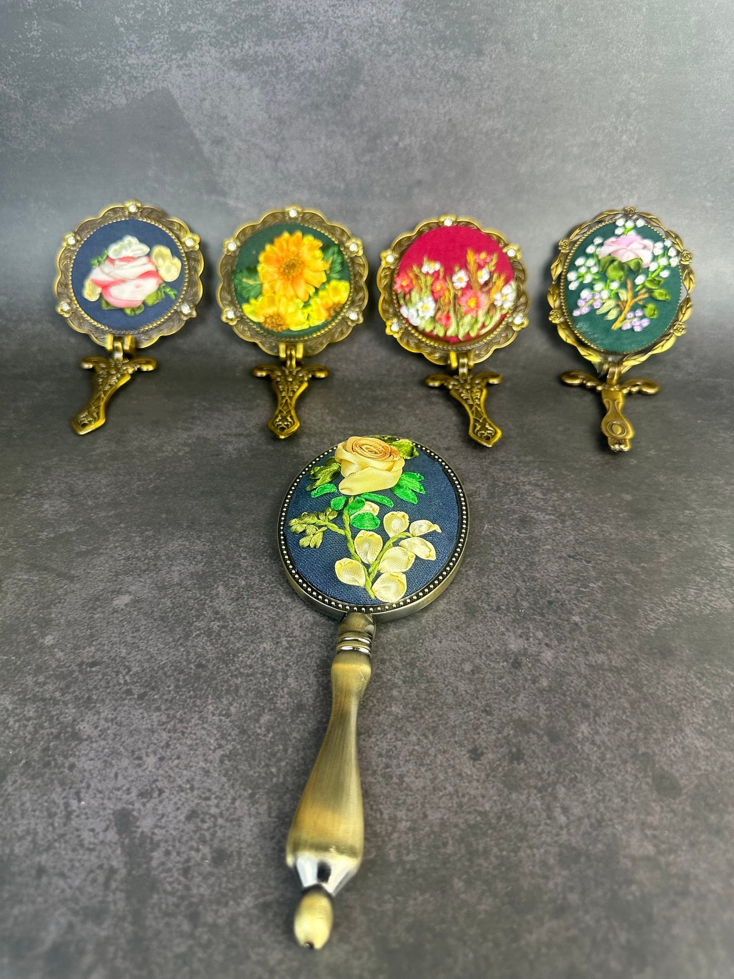 Personalized ribbon embroidery hand mirror |Floral embroidery hand mirror | Beauty accessories | Vintage mirror |Gift for her, Sunflowers