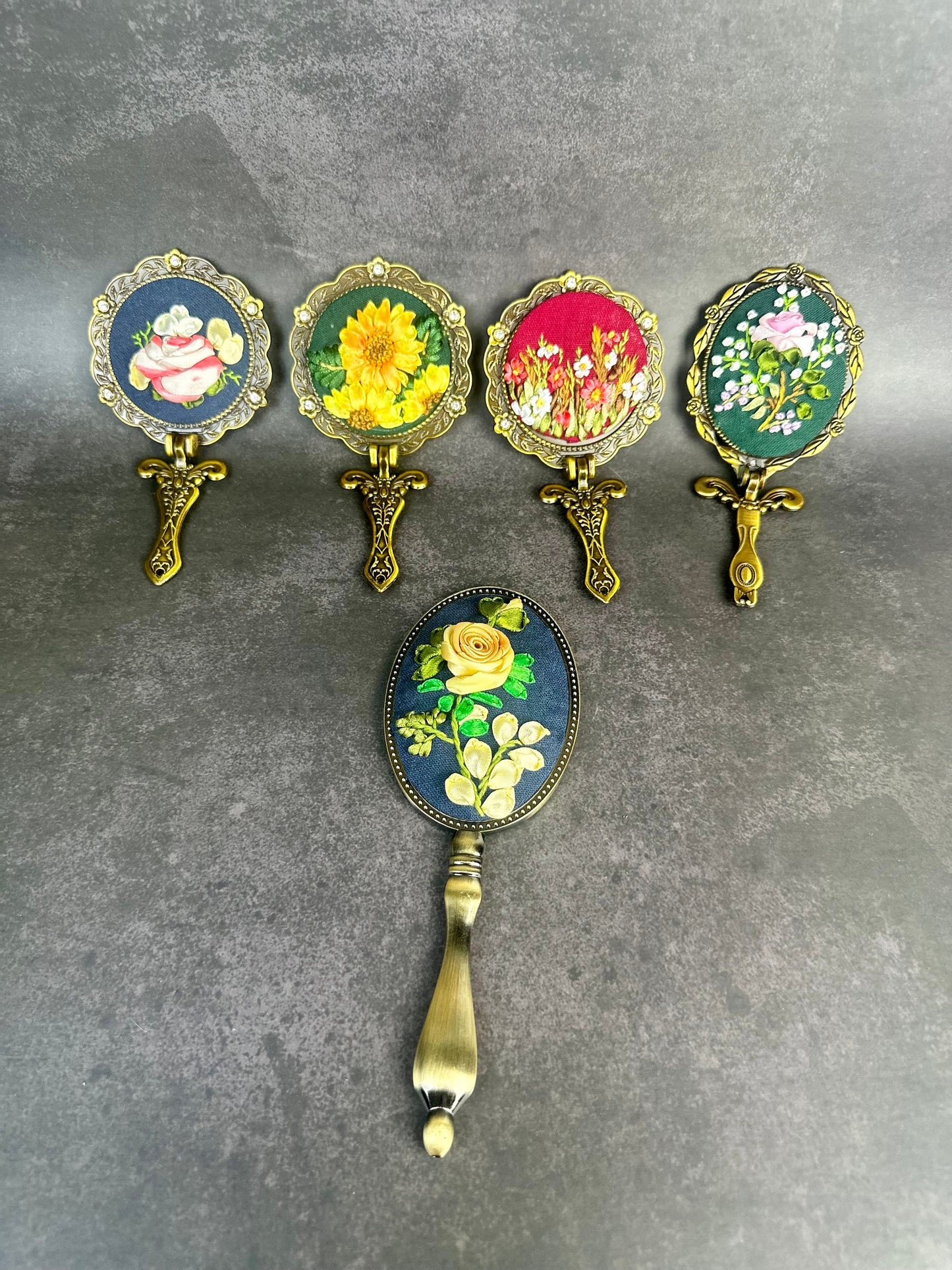 Personalized ribbon embroidery hand mirror |Floral embroidery hand mirror | Beauty accessories | Vintage mirror |Gift for her, Sunflowers