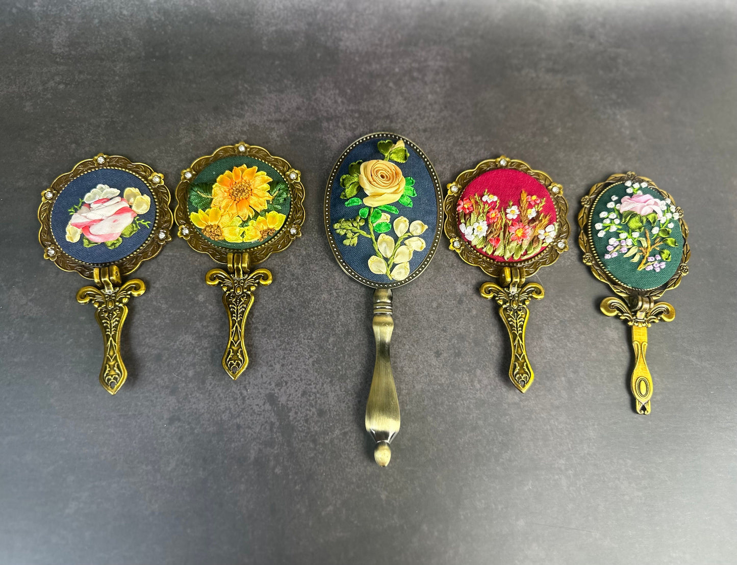 Personalized ribbon embroidery hand mirror |Floral embroidery hand mirror | Beauty accessories | Vintage mirror |Gift for her, Sunflowers