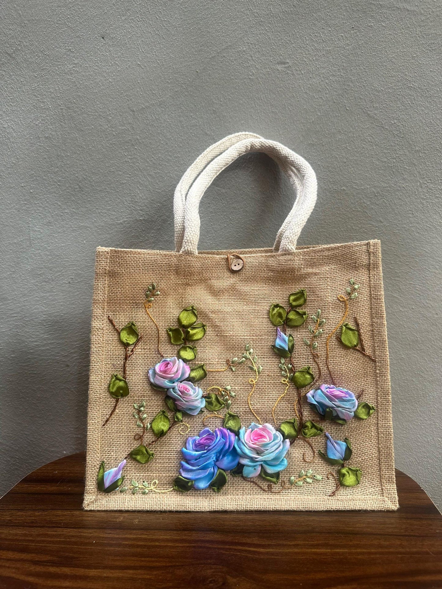 Flower Tote Bag Handmade Blue, Floral Everyday Bag, Garden Lover Gift, Women's Shopping Tote, Nature Inspired Shoulder Bag