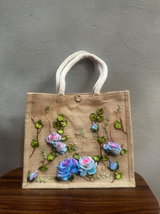 Flower Tote Bag Handmade Blue, Floral Everyday Bag, Garden Lover Gift, Women's Shopping Tote, Nature Inspired Shoulder Bag