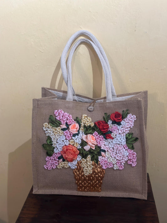 Ribbon Embroidery jute tote bag | Roses vase Embroidered jute tote bag | Floral laptop bag, Summer bag | personalized gifts  | gifts for her