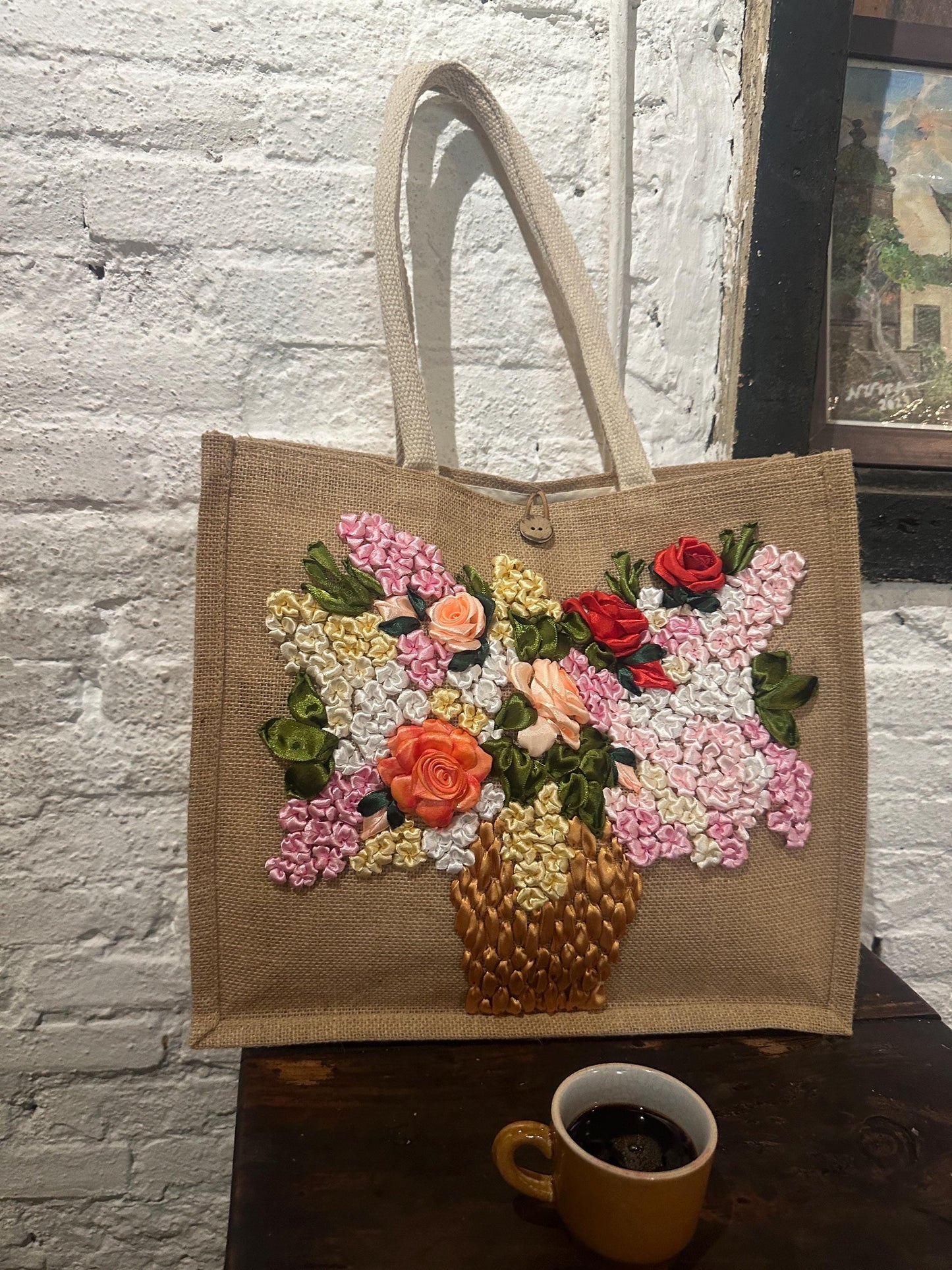 Ribbon Embroidery jute tote bag | Roses vase Embroidered jute tote bag | Floral laptop bag, Summer bag | personalized gifts  | gifts for her