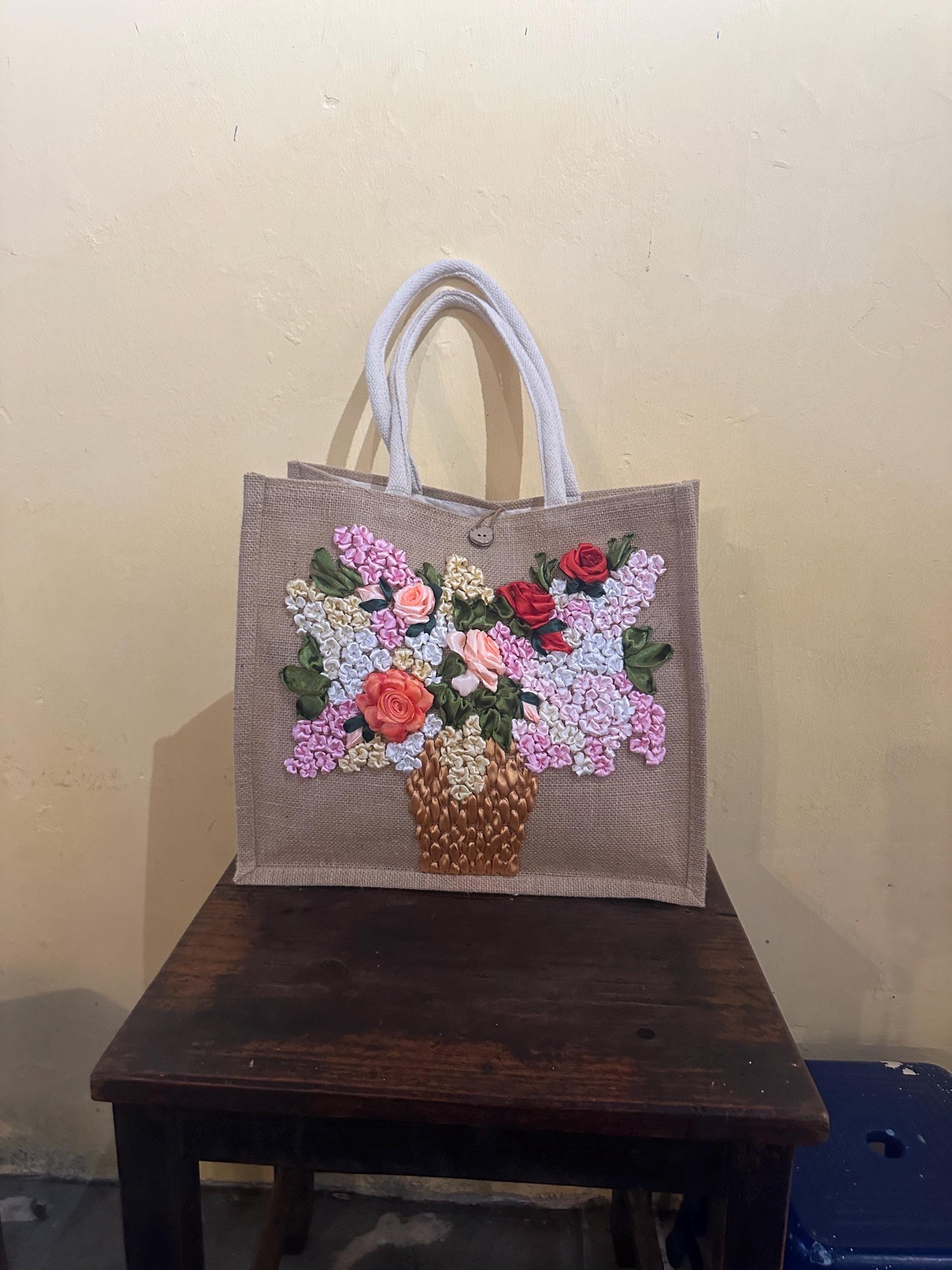 Ribbon Embroidery jute tote bag | Roses vase Embroidered jute tote bag | Floral laptop bag, Summer bag | personalized gifts  | gifts for her