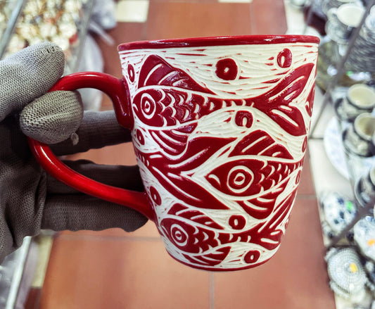 Hand Carved Ceramic Mug | Fish Carved Ceramic Mug Handmade | Serving Tableware Kitchenware Home Décor | Tea Mug Handmade