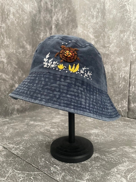 Turtle Embroidery Denim bucket hat | Black Denim bucket hat | Women hat | Gift for her | Friend gift | Gift for mom / Ocean Vibes Accessorie