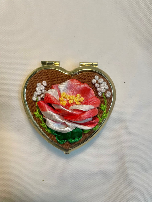 Personalized Ribbon Roses embroidery Heart Pocket mirror |Floral embroidery Pocket mirror | Unique Gift | Mother Day Gift